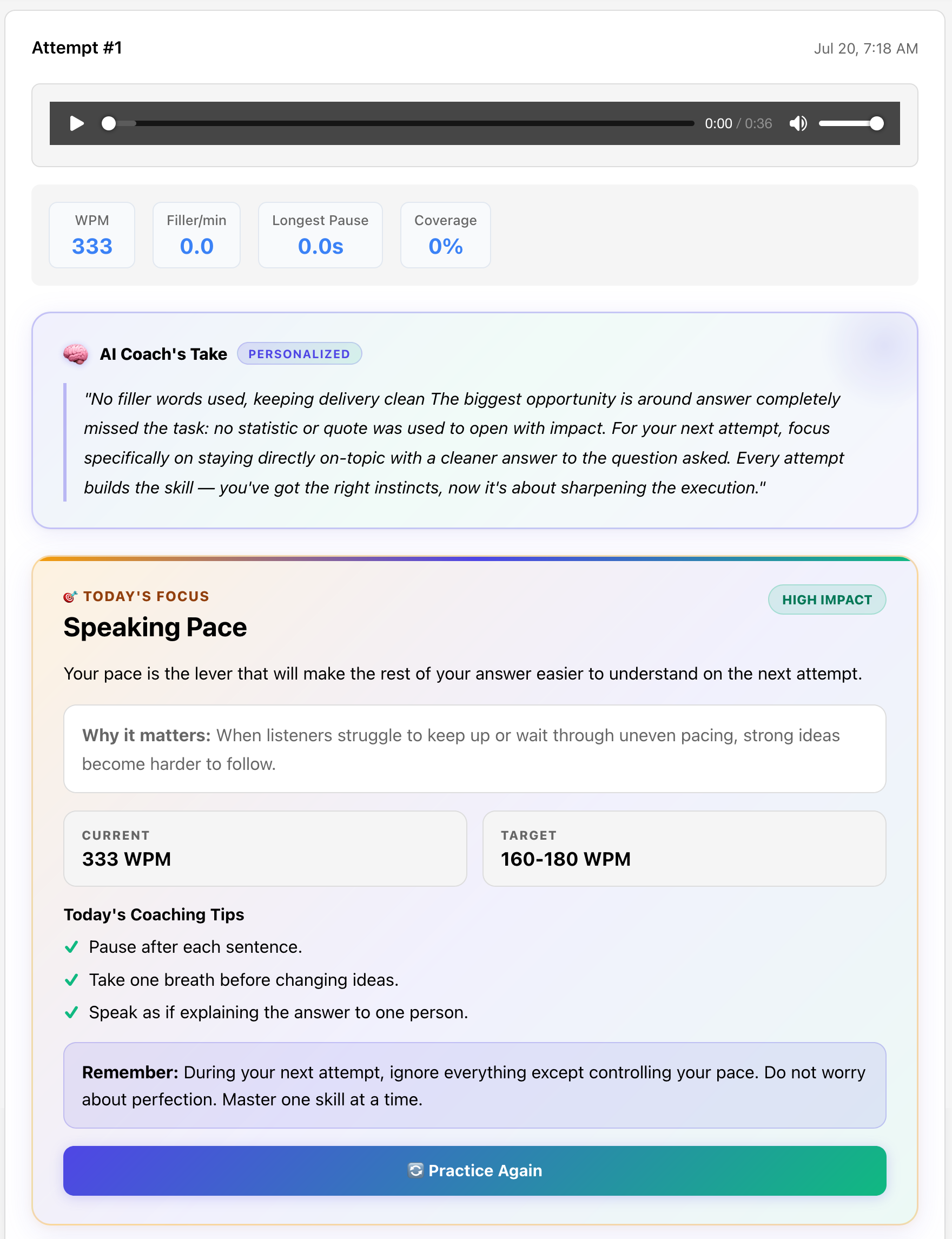 Voca Coach feedback results dashboard